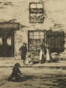 J. Beattie Scott (c. 1865-1937) children outside a shop with two other architectural etchings by