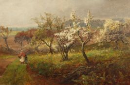 19th/20th century school, Landscape scene of figures on a country path leading through wooded