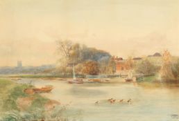 Henry Charles Fox (b.1860) British, A view across a river with buildings and a church beyond,