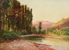 Gaston Anglade (1854-1919), A mountain lake with hills beyond, oil on board, 9.5 x 13 .