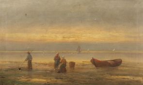 A. Vescovi (19th/20th century) Italian figures on a beach mending nets with boats in the distance,