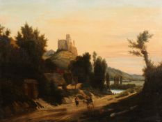 19th Century, probably Continental School, wayfarers conversing on a path below hilltop ruins, oil