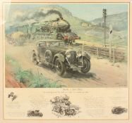 Terence Cuneo (1907-1996) British, Bentley v Blue Train , a coloured print signed in pencil, 29 x 28
