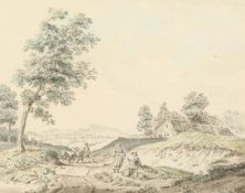 Manner of Paul Sandby (1731-1809) British, Figures and animals on a path with a town beyond,