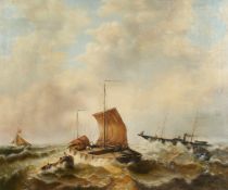 20th century, A seascape with figures on rough seas, oil on canvas, signed H. Morris? , 20 x 24