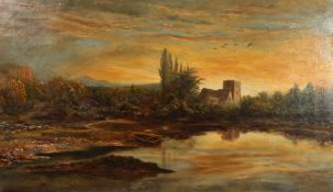 A church by a lake in a landscape at dusk, oil on canvas, 25 x 43 .
