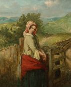 English school, a lady by a gate, oil on board, 12 x 10
