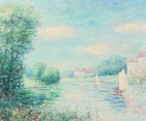 20th century, impressionist scene of sailboats, oil on canvas, signed G. Martens , 20 x 24 .