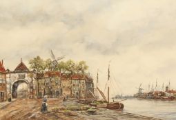 Jan Van Couver (1864-1910) Dutch, A Dutch Port scene with a figure loading produce onto a boat