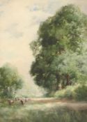 Charles Harrington (1865-1943) British, Cattle grazing in woodland shade, watercolour, signed, 14