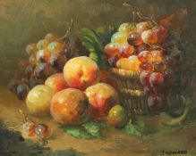 J. Howard, a still life of mixed fruit in a basket, oil on panel, signed, 8 x 10 .