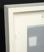 A white painted box frame with museum glass, previous painting approximately 24 x 30 , 61cm x 36cm.