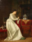 J. Berlin (19th/20th century) Belgian, An elegant lady in a lavish interior gazing at a caged