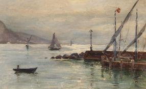 Edmond Marie Petitjean (1844-1925) French, A scene of boats by a harbour wall, oil on board,