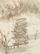 Kcho, Alexis Leiva Machado (b. 1970) Cuban, Boats on a beach with figures at a bar, ink and