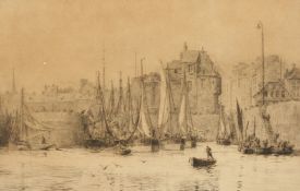 William Lionel Wyllie (1851-1931) English, A dockyard with figures tending their boats, etching,