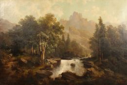 19th Century Continental School, a view of a tree lined torrent with rocky mountains beyond, oil