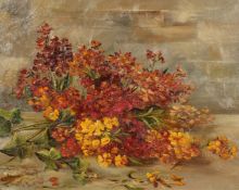 English school, A still life of flowers on the floor, oil on canvas, indistinctly signed, 16 x 20 .