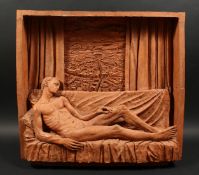 Paul Day (b. 1967) British, A reclining male nude with a classical city beyond, terracotta