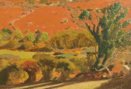 Robert Hughes, country landscape with a protruding tree, oil on board, signed, 10 x 14 .