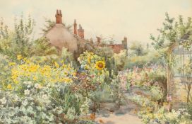 Early 20th century British school, A country cottage with a garden in full bloom, watercolour, 13.5