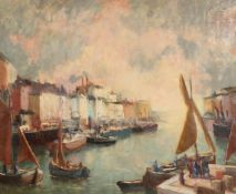 W Le Wino (Walter Beauvais), A busy harbour scene, oil on canvas, signed, 17.5 x 21.5 .