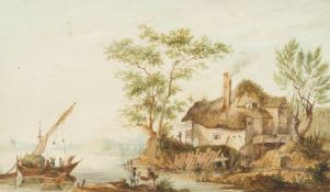 19th century school, A coastal scene with a thatched cottage and figures loading a boat in the