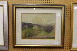 A continental landscape with buildings and trees watercolour.