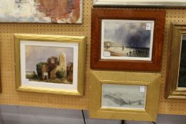 A coastal landscape with figures and sailing dinghy watercolour together with a pencil sketch of a