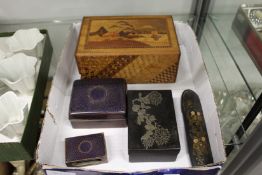 A Japanese puzzle box, a cloisonne cigarette box with matching match box case and other items.