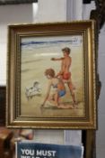 Two figures and a dog on a beach watercolour.