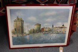 Coastal landscapes with buildings and boats, limited edition colour prints a pair.