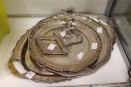 Various plated items to include a twin handled tray.