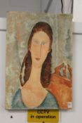 After Modigliani, a female bust, a colour print on canvas.