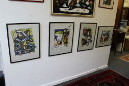 Freddie Mercury, Mick Jagger, David Bowie, Guns N' Roses, abstract colour prints, a set of four.
