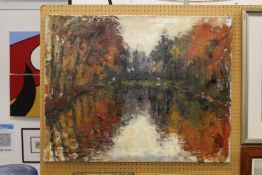 Wooded River Landscape oil on canvas, unframed.