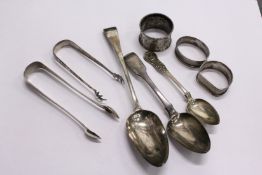 Silver ware, to include spoons, sugar tongs, napkin rings.