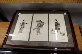 After Mori, a set of three colour prints depicting Japanese figures.