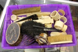 A pair of silver and tortoiseshell mounted brushes and similar items.