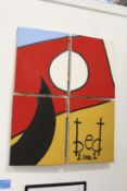 A colourful abstract, oil on canvas, in four parts, joined as one, initialled B.E.D. 21002.