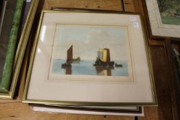 A colour print depicting sailing ships, signed, together with a print of Cavaliers outside an inn
