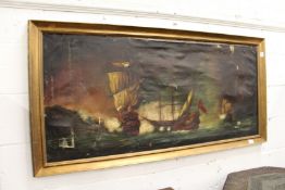 A Battle at Sea, Galleons in a Coastal Landscape oil on canvas, signed.