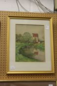 A tranquil river landscape with mill watercolour.