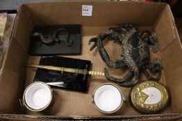 A novelty articulated crab inkwell, a lizard paperweight, a sword letter opener etc.