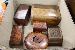 Various wooden boxes.