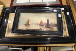Sailing Ships in a Harbour oil on board, together with a similar print.