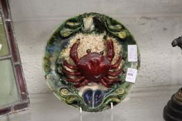 A Palissy style moulded crab plate.