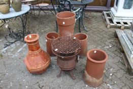 A chimenea, terracotta chimney pots and cast iron stove.