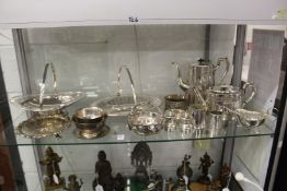 A collection of silver plate to include coffee pots and teapots, cake basket, salver etc.