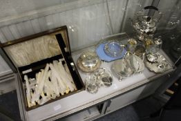 A silver topped glass powder bowl and a quantity of plated items.